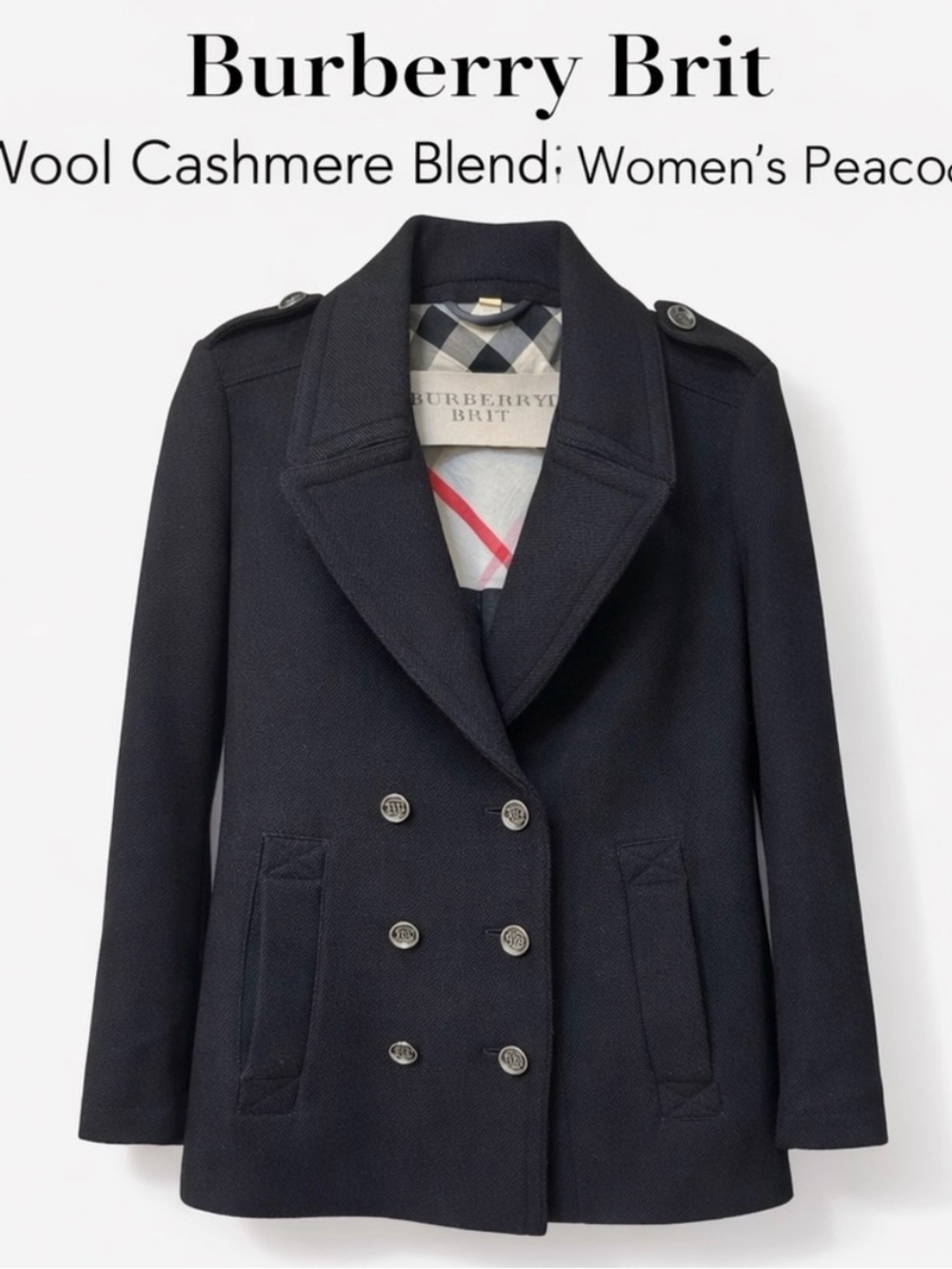 Burberry Brit Black Wool Cashmere Blend Peacoat